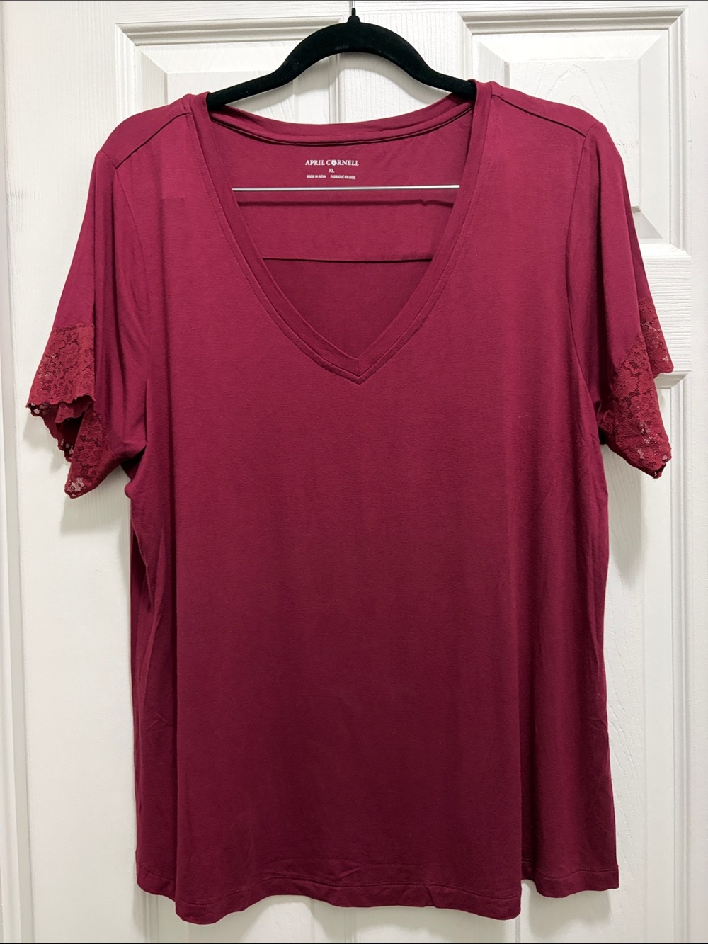April Cornell V‑Neck Short Sleeve Top in Berry Plum